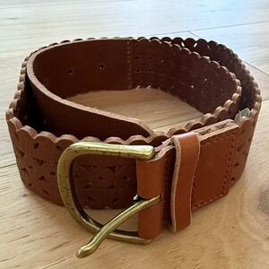 J.Crew Scalloped Laser Cut Small Brown Leather Belt Womens  44415 Boho Brass